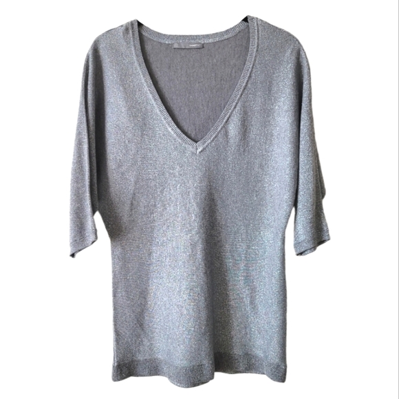 SMART Set Silver Grey Metallic Knit V Neck Top Size S - Picture 1 of 10